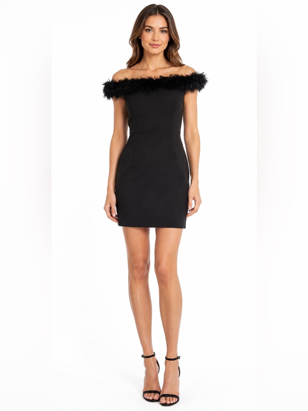 Gianni Bini Black Off-Shoulder Feather Trim Mini Dress